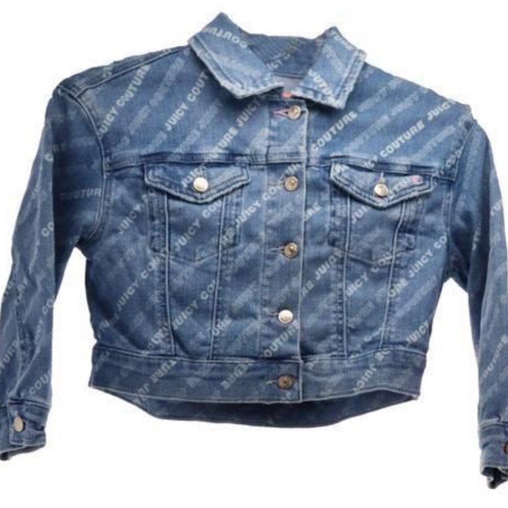 JUICY COUTURE KIDS Logo Print Throughout Denim Jacket Medium Wash ButtonUp Sz 12